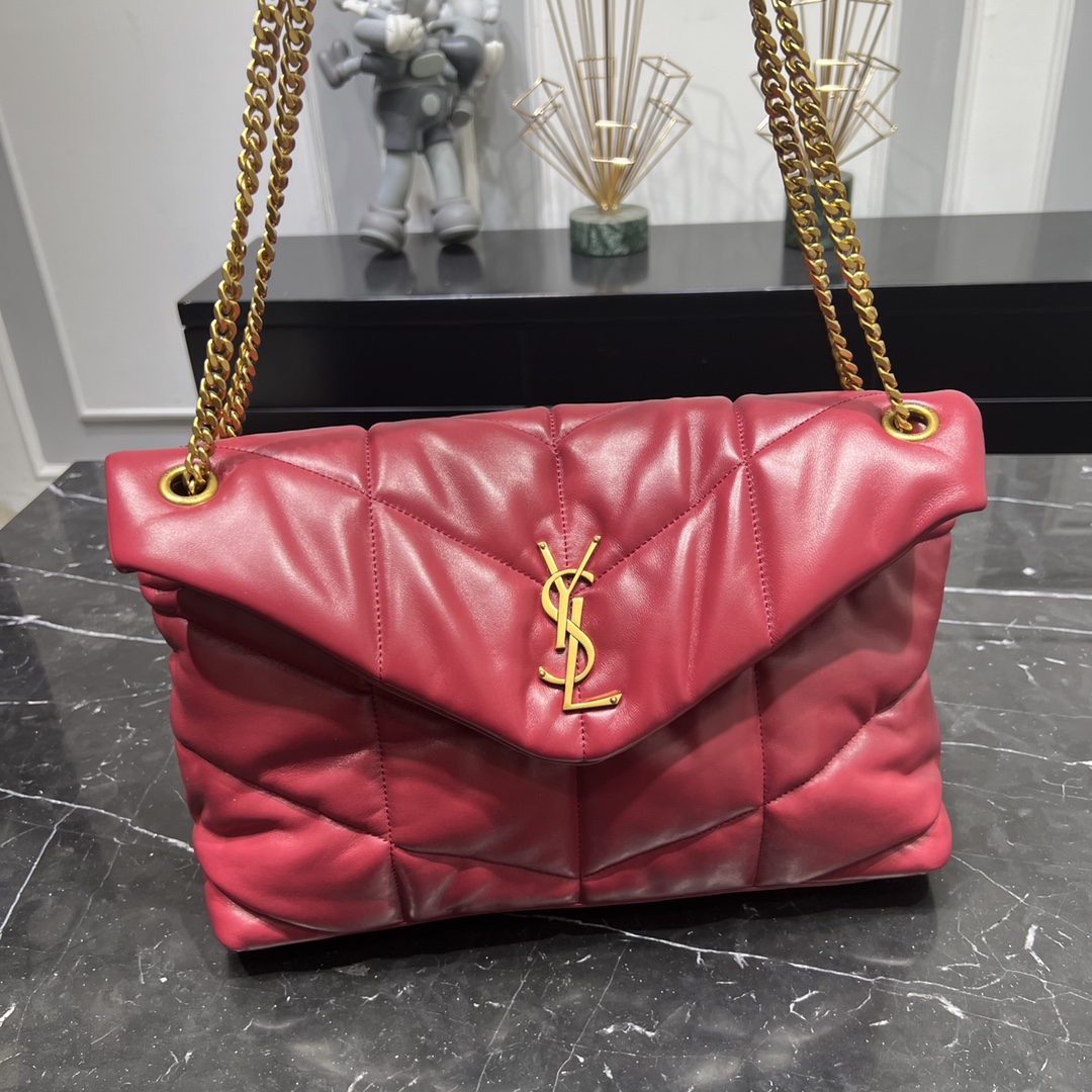 Saint Laurent Loulou Puffer Lambskin Shoulder Bag Handbag Red 577475 Gold